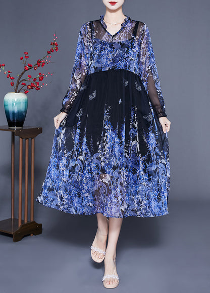 Blue V Neck Ruffled Print Chiffon Holiday Dresses Two Piece Set Summer