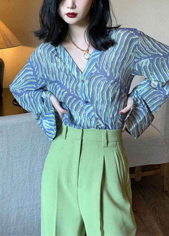 Blue V Neck Striped Print Chiffon Shirt Top Spring