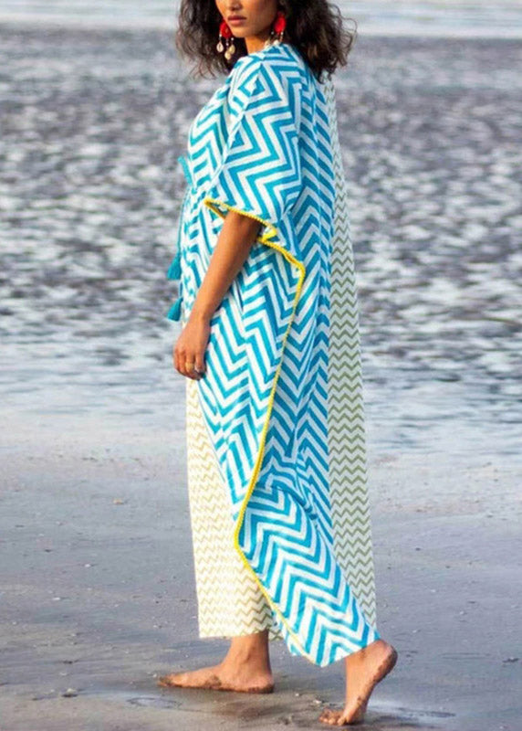 Blue Yellow Striped Patchwork Drawstring Tie Waist Maxi Dresses Summer