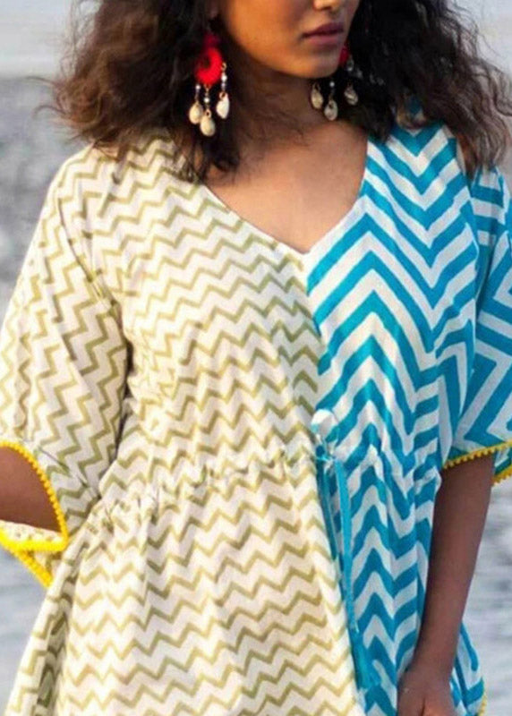 Blue Yellow Striped Patchwork Drawstring Tie Waist Maxi Dresses Summer