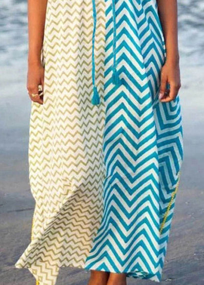 Blue Yellow Striped Patchwork Drawstring Tie Waist Maxi Dresses Summer