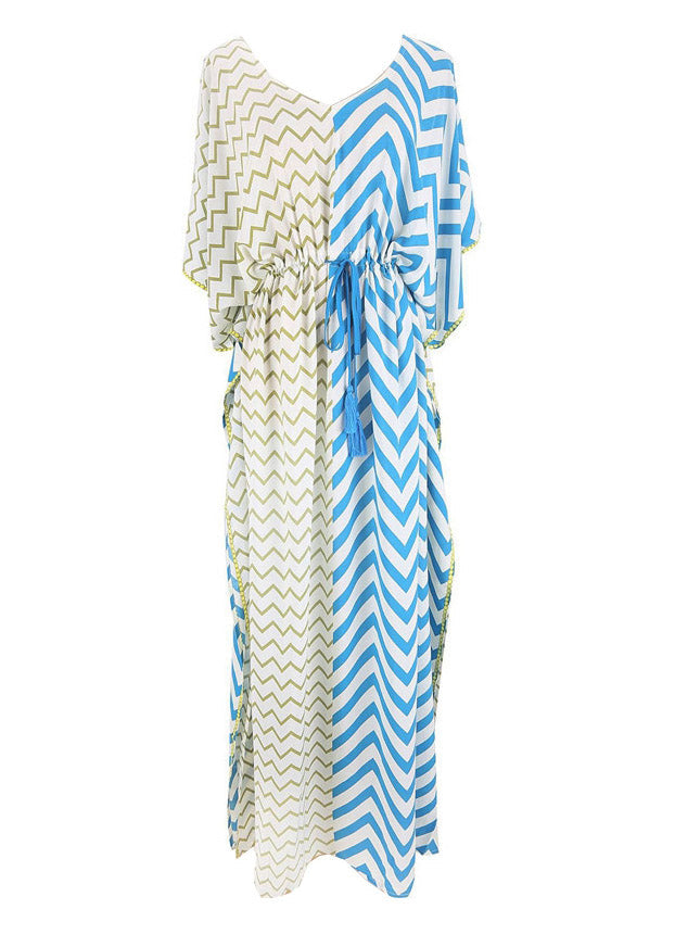 Blue Yellow Striped Patchwork Drawstring Tie Waist Maxi Dresses Summer