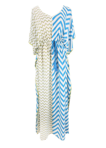 Blue Yellow Striped Patchwork Drawstring Tie Waist Maxi Dresses Summer
