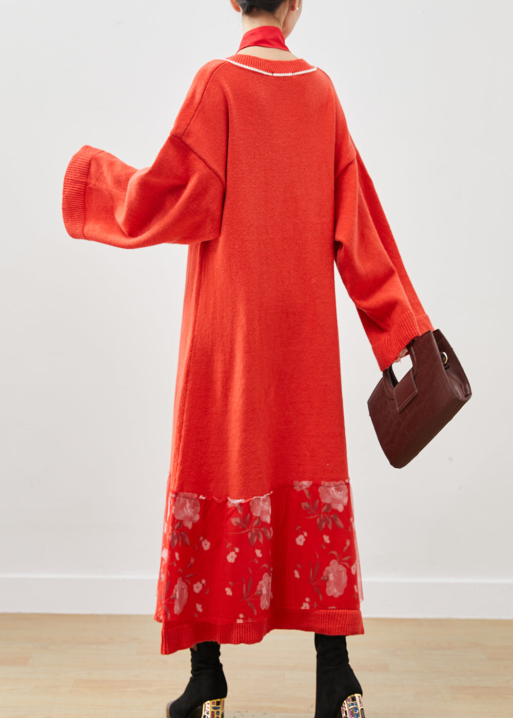 Brick Red Square Collar Patchwork Knitwear Dress Spring