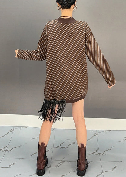 Brown O-neck Asymmetrical Tassel Wool Knit Long Sweater Dress Winter