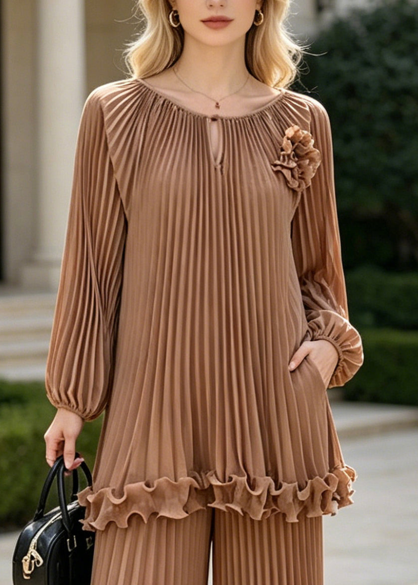 Brown Oversized Wrinkled Chiffon Two Pieces Set Spring