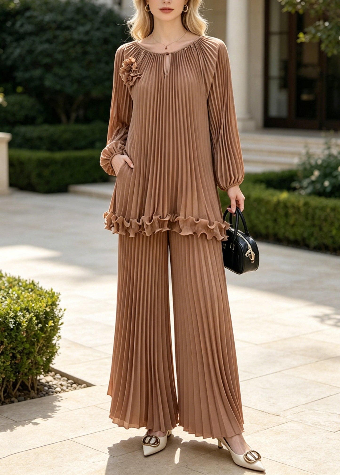 Brown Oversized Wrinkled Chiffon Two Pieces Set Spring