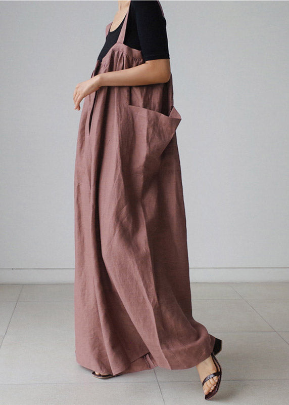 Brown Slash Neck Pockets Jumpsuit Pants Summer