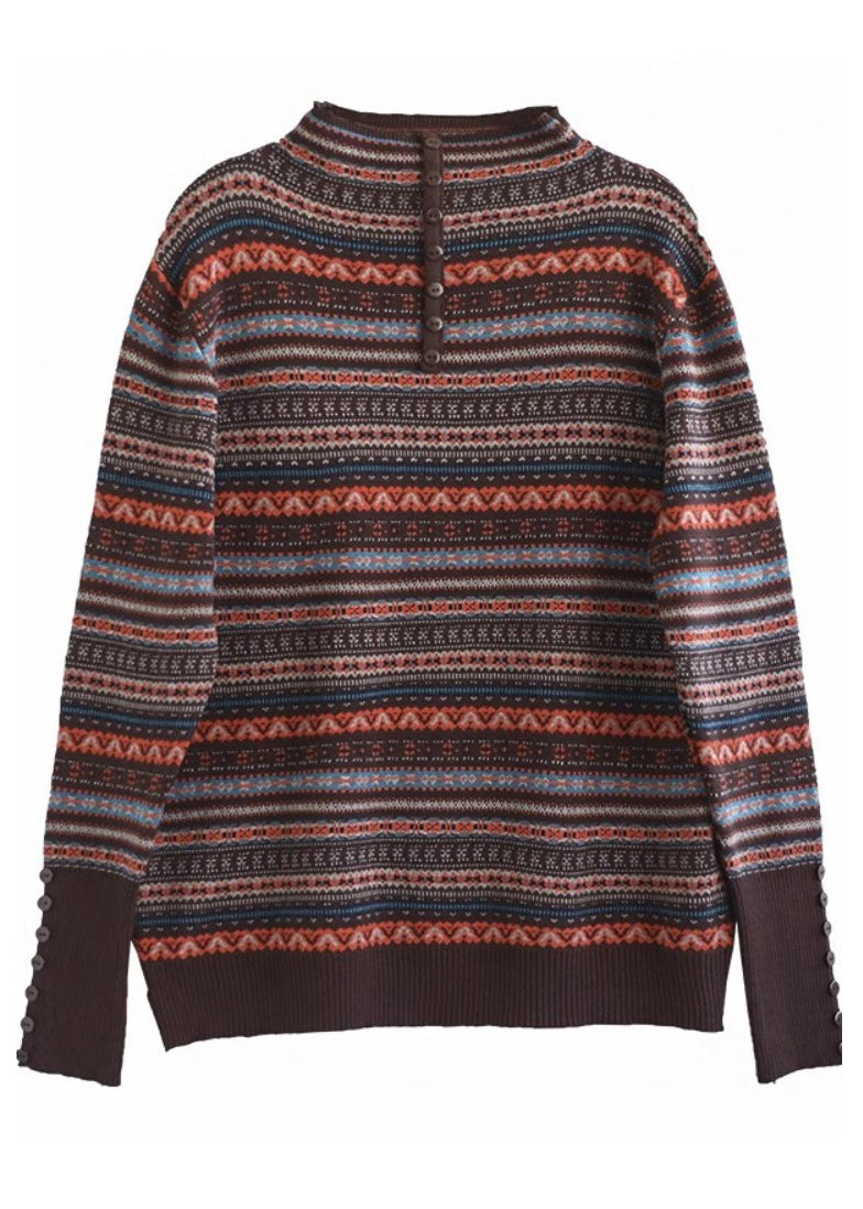 Brown Stand Collar Striped Knit Sweaters Spring