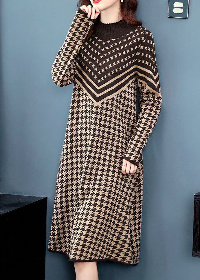 Camel High Neck Print Long Knit Dress Long Sleeve