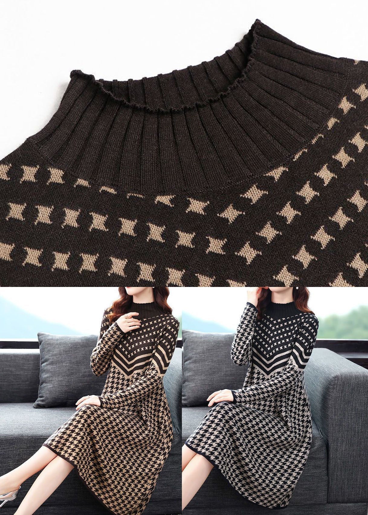 Camel High Neck Print Long Knit Dress Long Sleeve