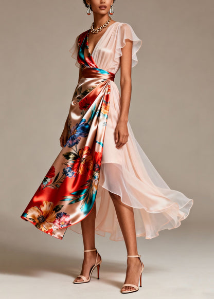 Champagne Asymmetrical Print Silk Evening Dress Butterfly Sleeve