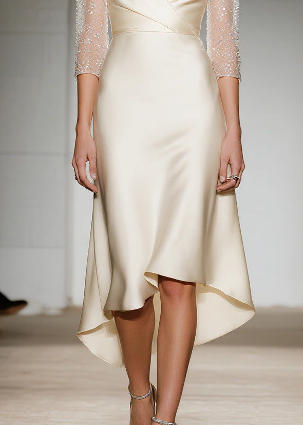 Champagne V Neck Patchwork Silk Dresses Summer
