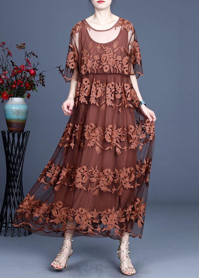 Chocolate Embroideried Summer Lace Summer Dresses Half Sleeve
