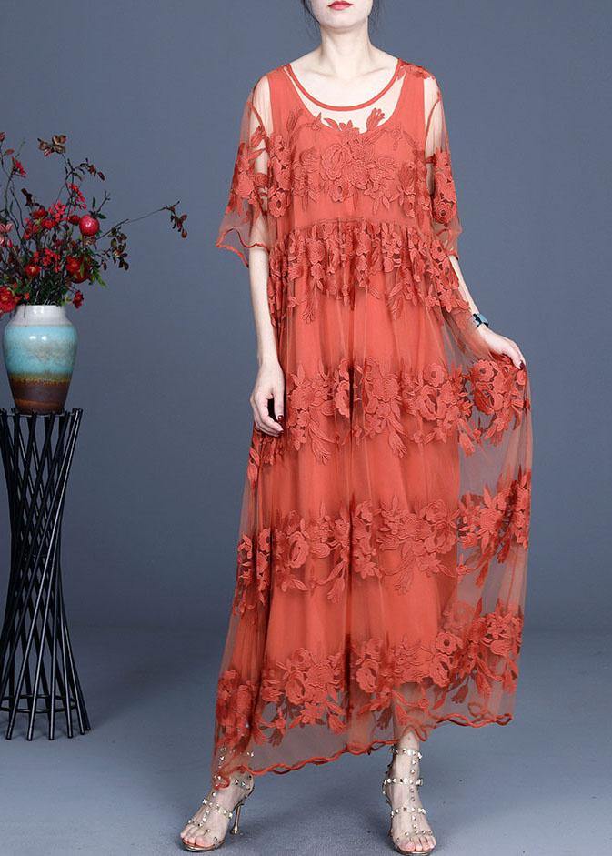 Chocolate Embroideried Summer Lace Summer Dresses Half Sleeve