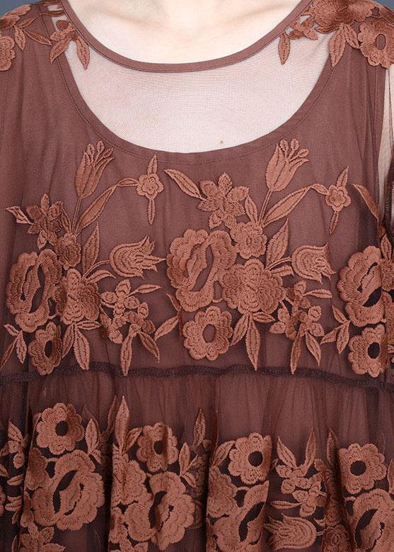 Chocolate Embroideried Summer Lace Summer Dresses Half Sleeve