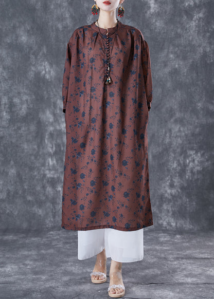 Chocolate Oversized Print Linen Maxi Dresses Bracelet Sleeve