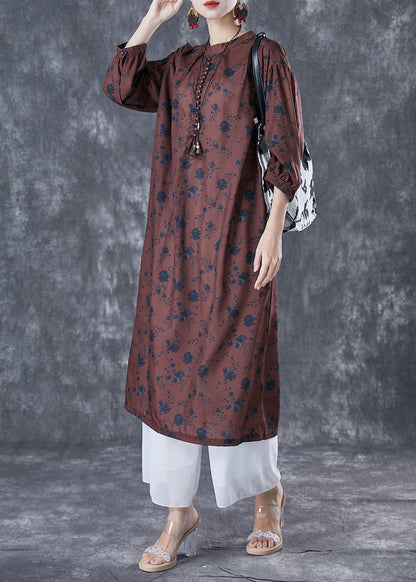 Chocolate Oversized Print Linen Maxi Dresses Bracelet Sleeve