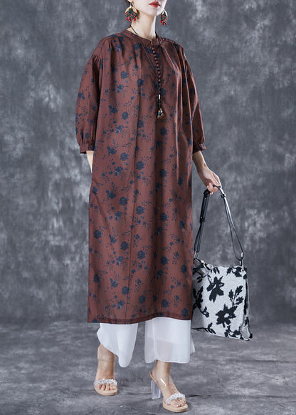 Chocolate Oversized Print Linen Maxi Dresses Bracelet Sleeve