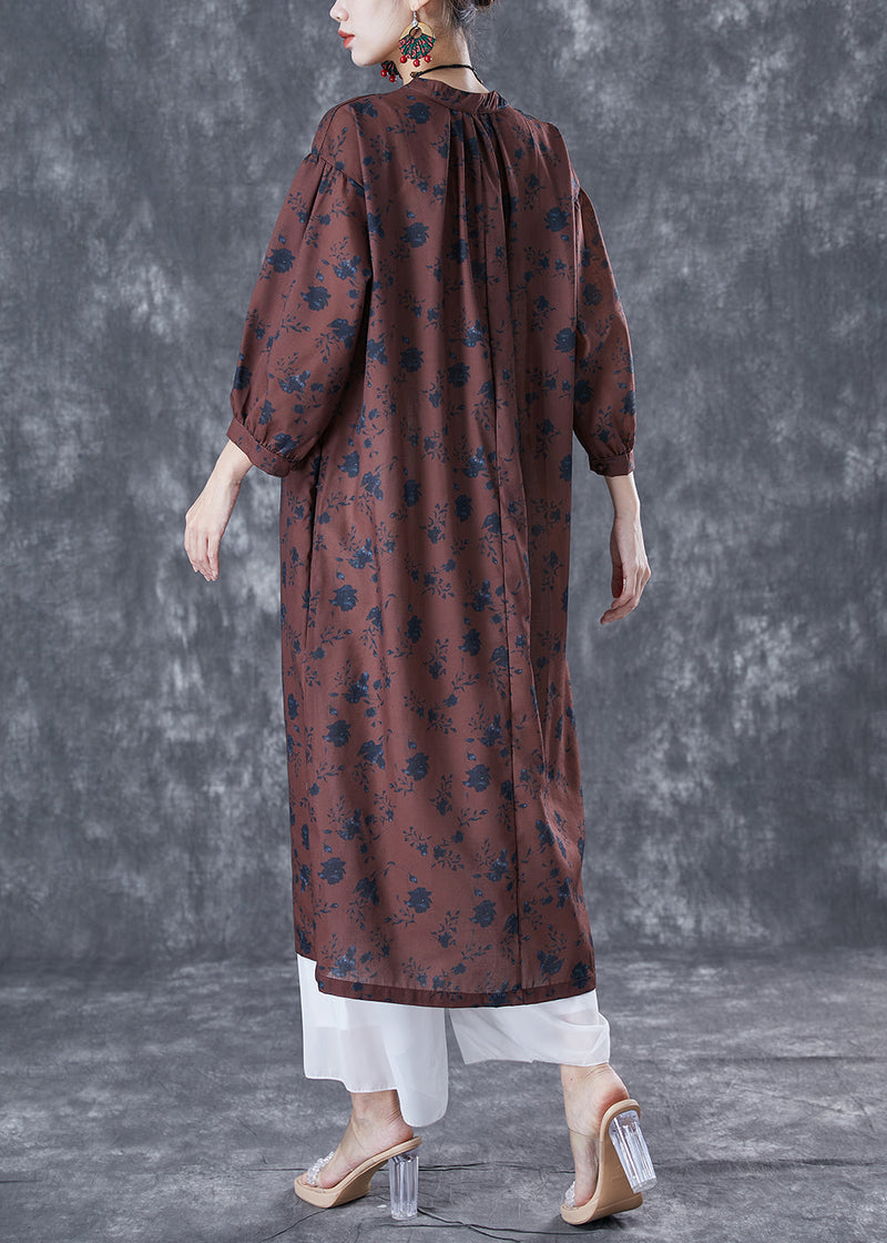 Chocolate Oversized Print Linen Maxi Dresses Bracelet Sleeve