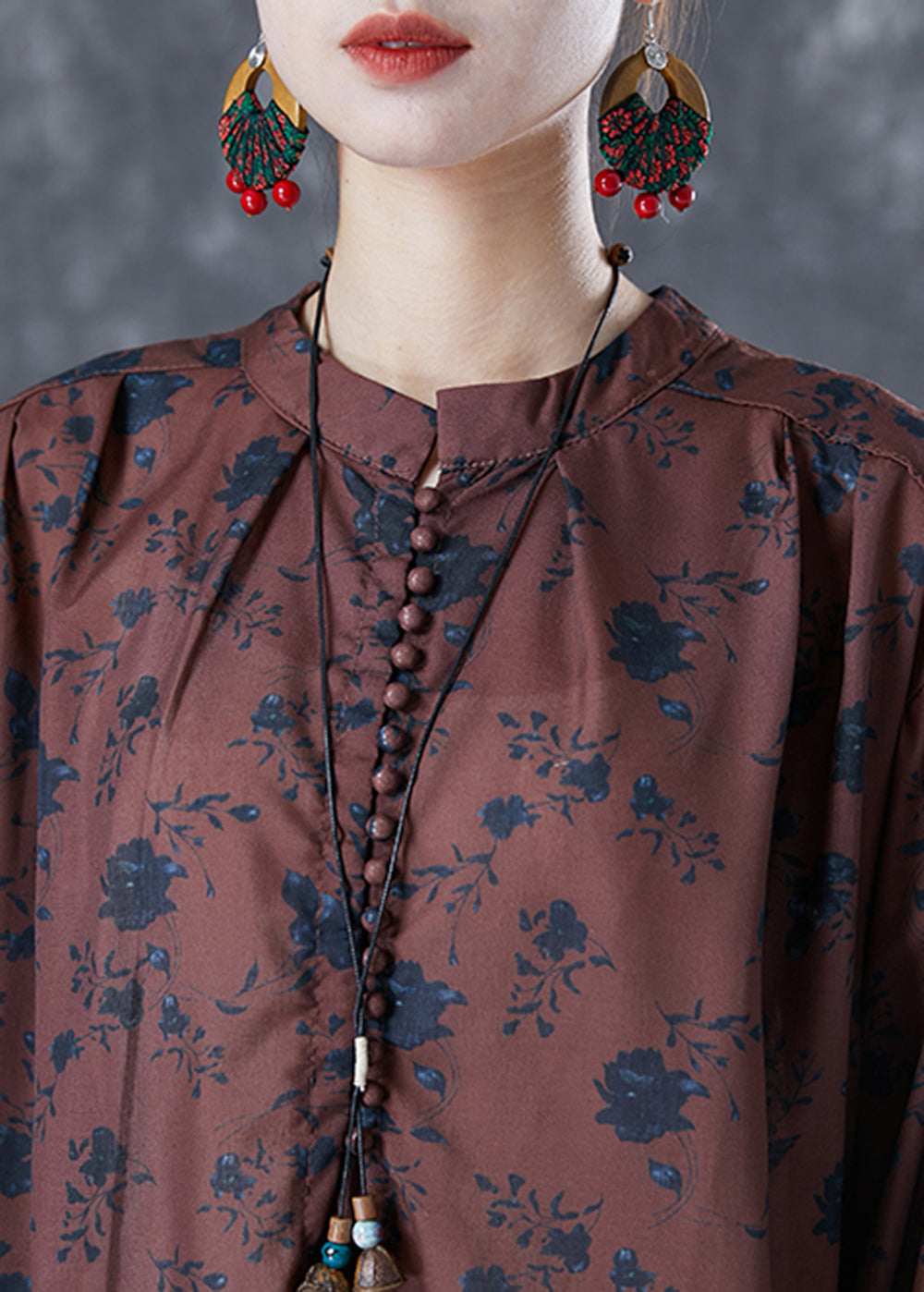 Chocolate Oversized Print Linen Maxi Dresses Bracelet Sleeve