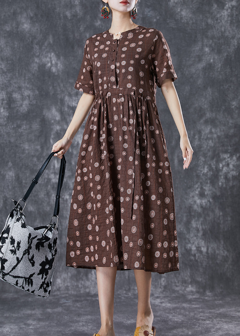 Coffee Cinched Daisy Linen Dresses Summer
