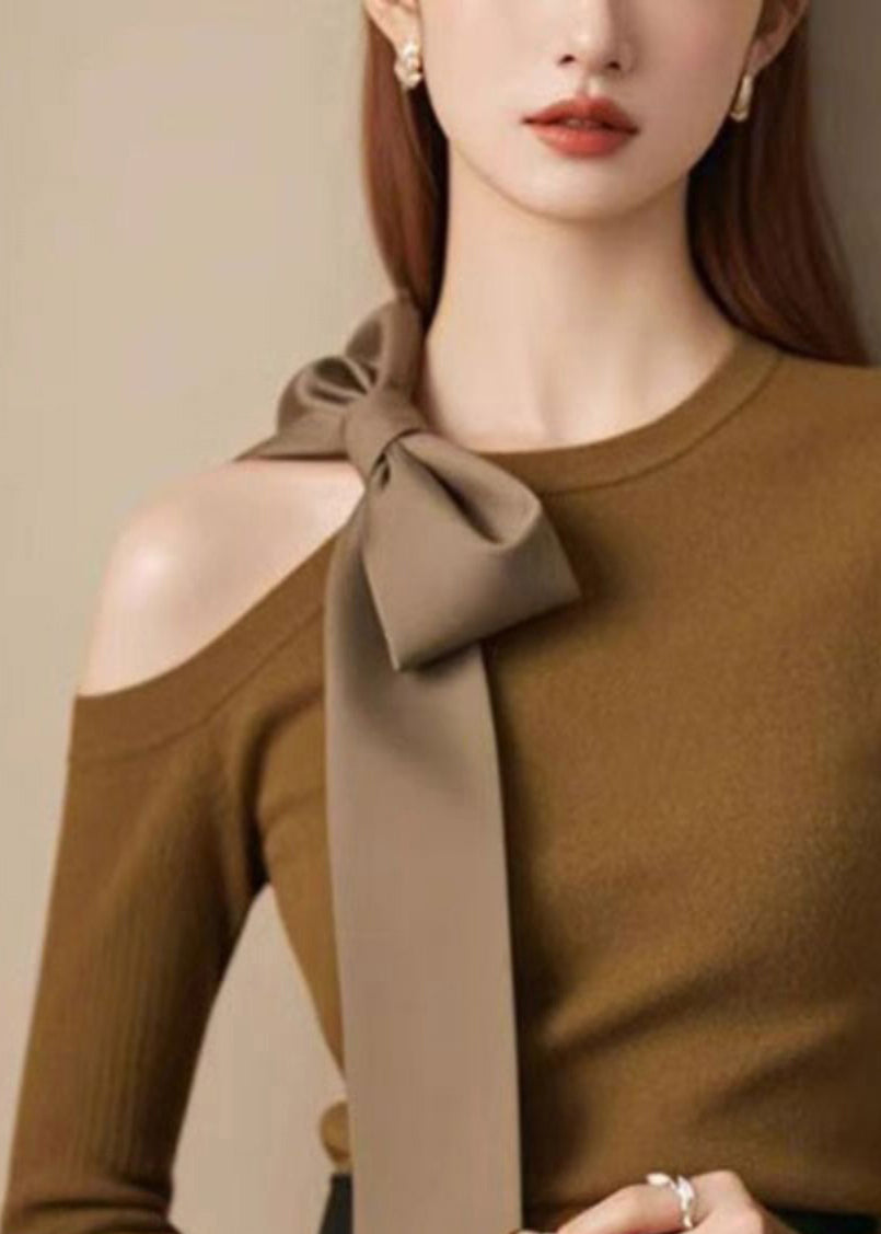 Coffee Cold Shoulder Bow Cotton Knitted Sweaters Winter