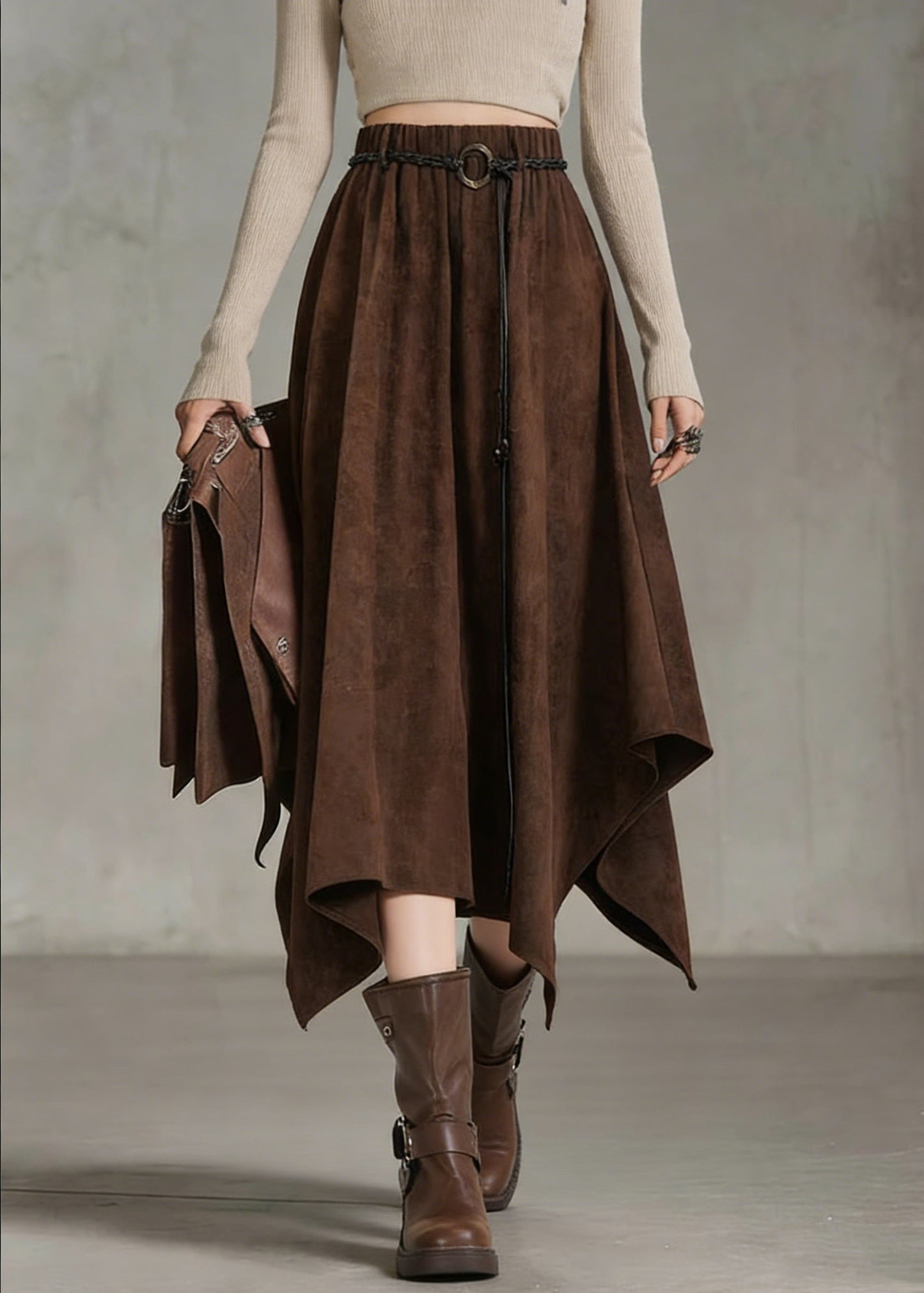 Coffee Elastic Waist Sashe Faux Suede a Line Skirts