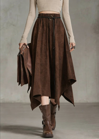 Coffee Elastic Waist Sashe Faux Suede a Line Skirts