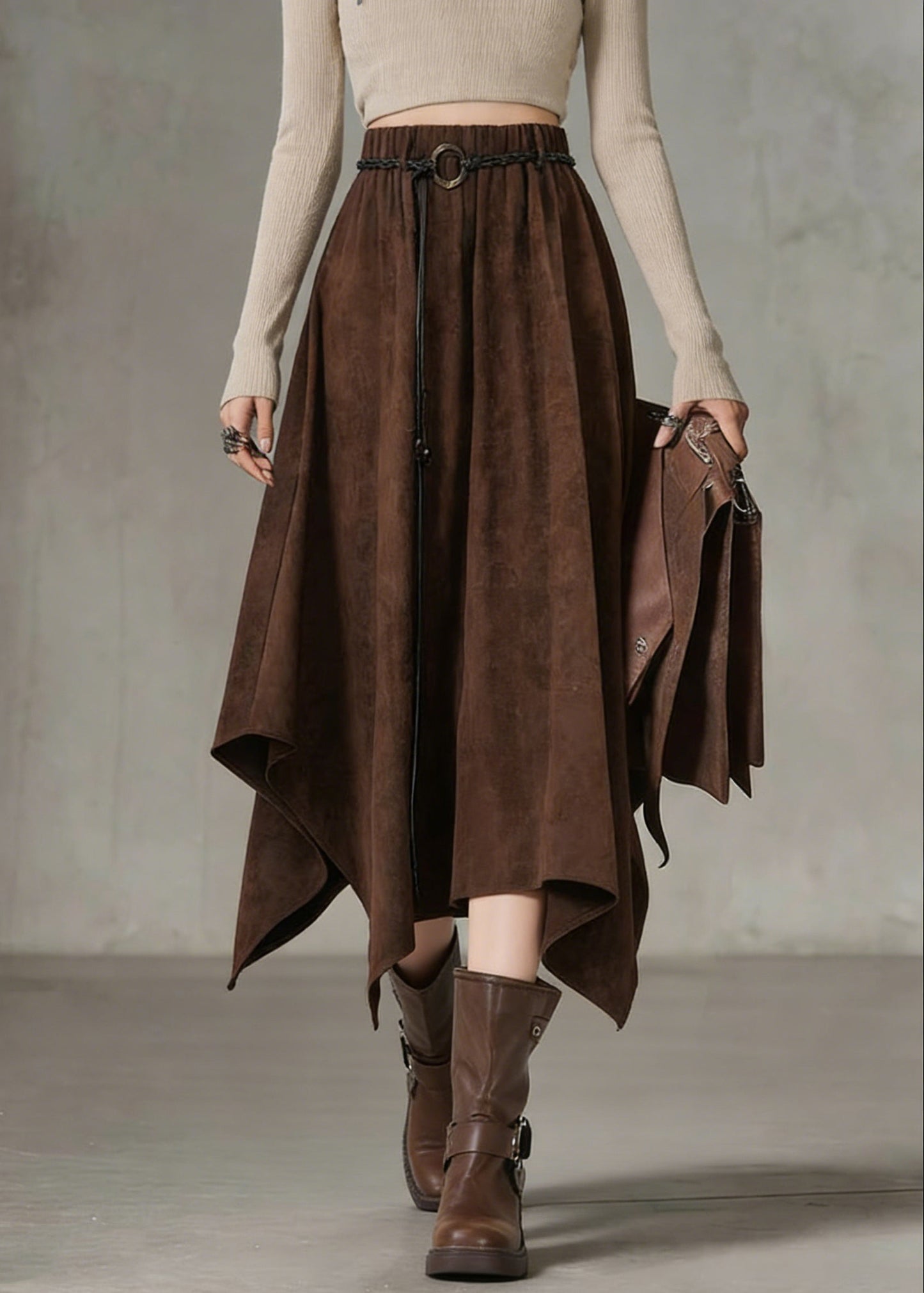 Coffee Elastic Waist Sashe Faux Suede a Line Skirts