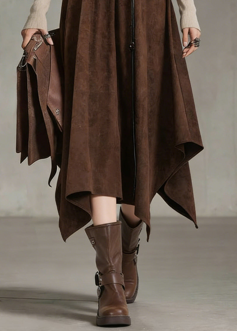 Coffee Elastic Waist Sashe Faux Suede a Line Skirts