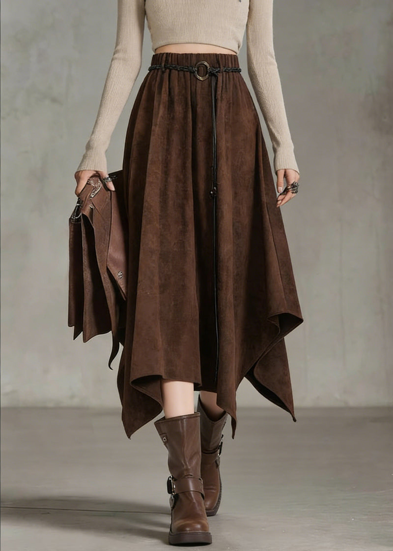 Coffee Elastic Waist Sashe Faux Suede a Line Skirts