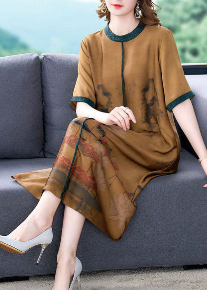 Coffee O-neck Patchwork Silk Long Dress Summer
