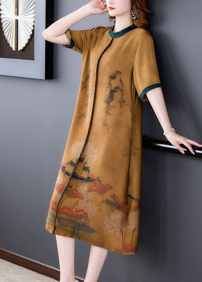 Coffee O-neck Patchwork Silk Long Dress Summer