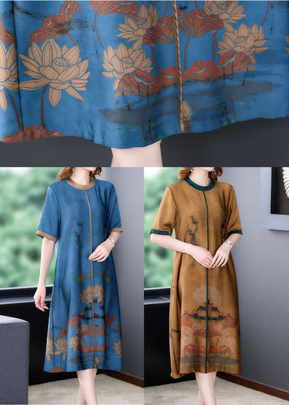 Coffee O-neck Patchwork Silk Long Dress Summer