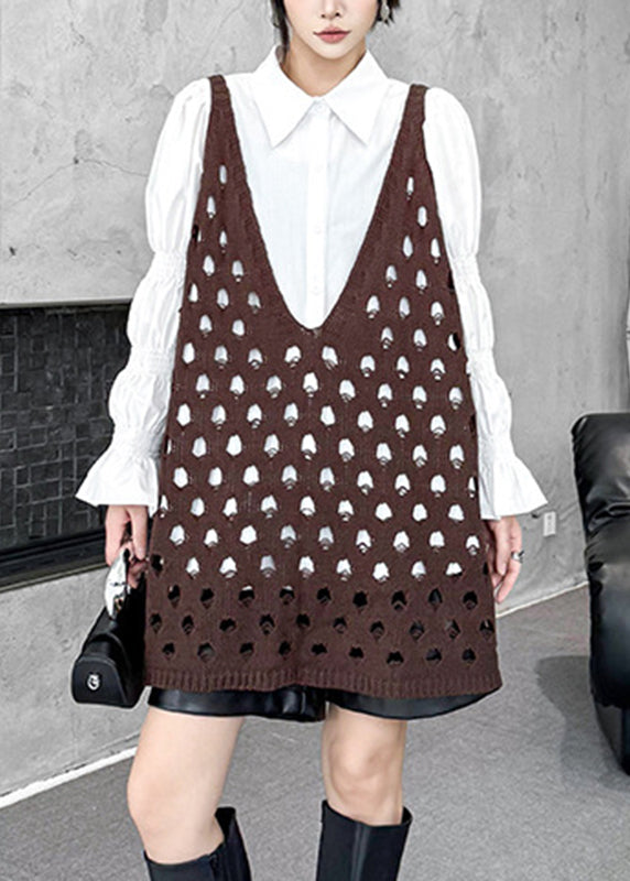 Coffee V Neck Hollow Out Cotton Knit Waistcoat Sleeveless