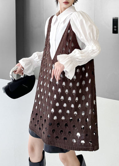 Coffee V Neck Hollow Out Cotton Knit Waistcoat Sleeveless