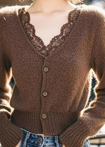 Coffee V Neck Lace Patchwork Cotton Knit Cardigan Spring