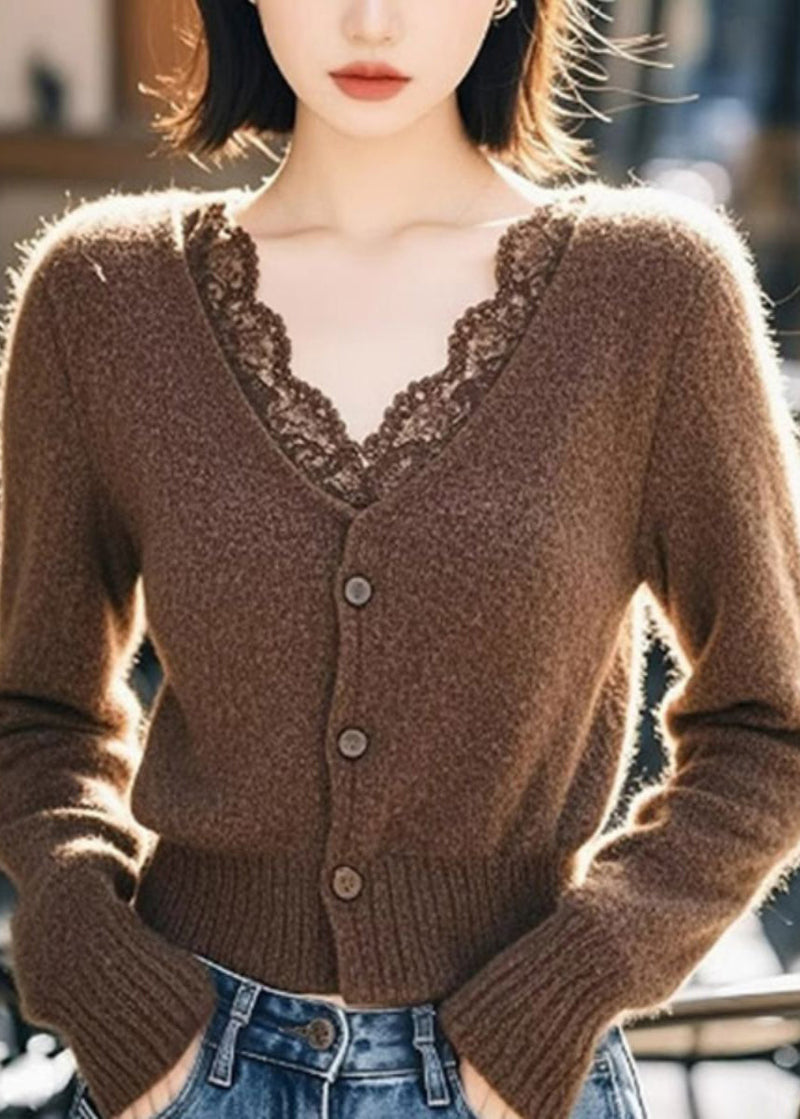 Coffee V Neck Lace Patchwork Cotton Knit Cardigan Spring