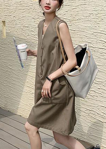 Coffee V Neck Patchwork Button Mid Dress Summer