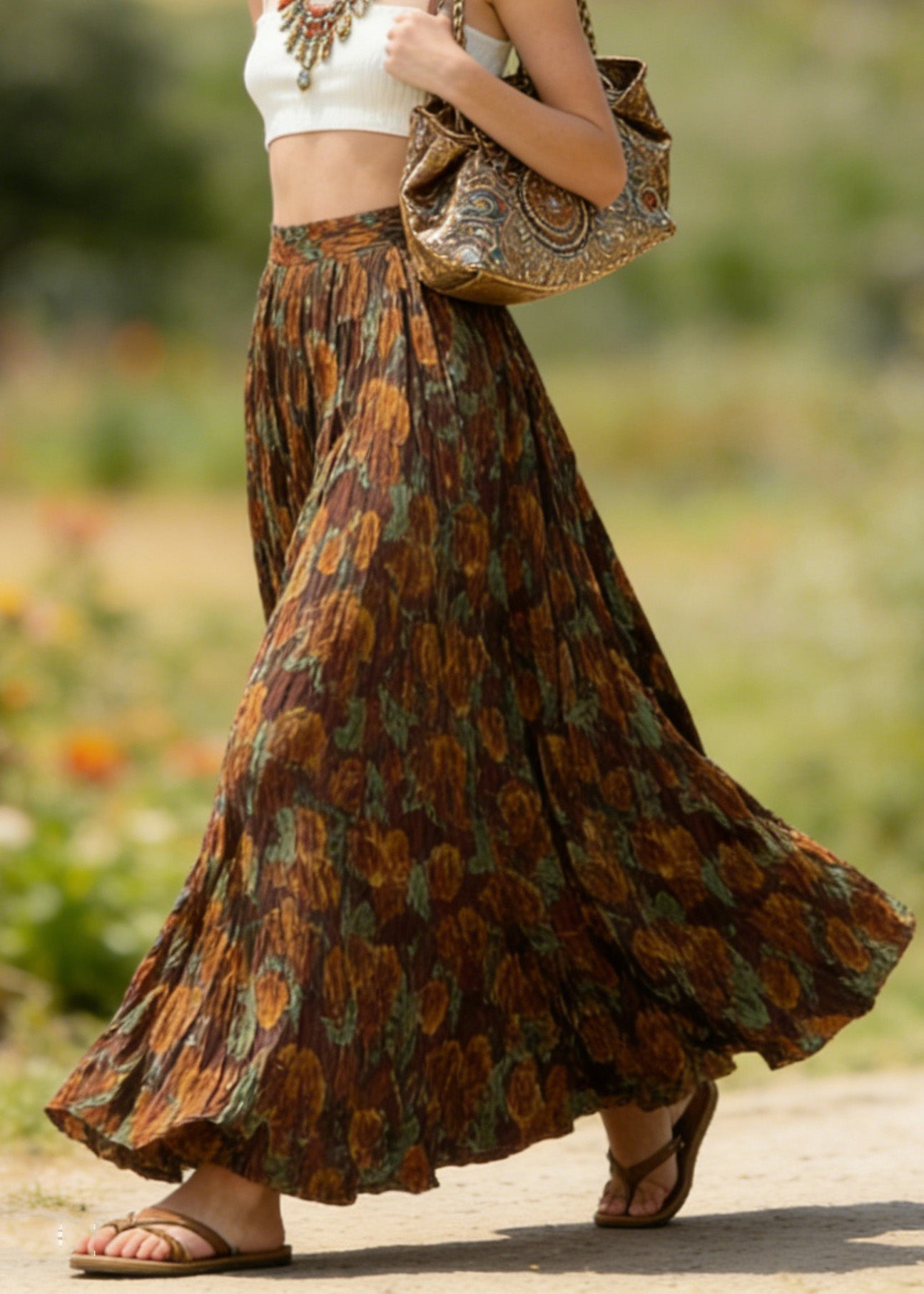 Coffee Wrinkled Print Cotton Skirts Spring