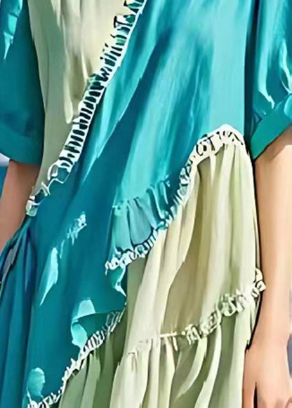 Colorblock Asymmetrical Patchwork Ruffled Linen Dresses Summer