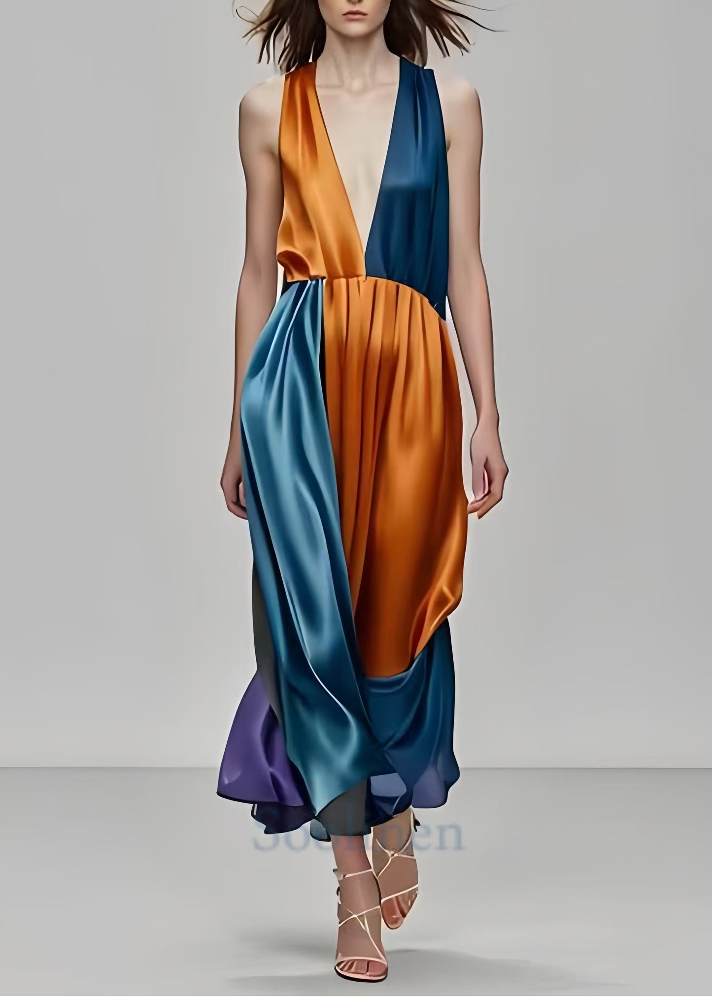 Colorblock Deep-v Neck Patchwork Silk Party Dress Sleeveless