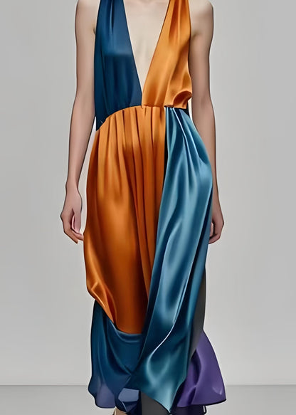 Colorblock Deep-v Neck Patchwork Silk Party Dress Sleeveless