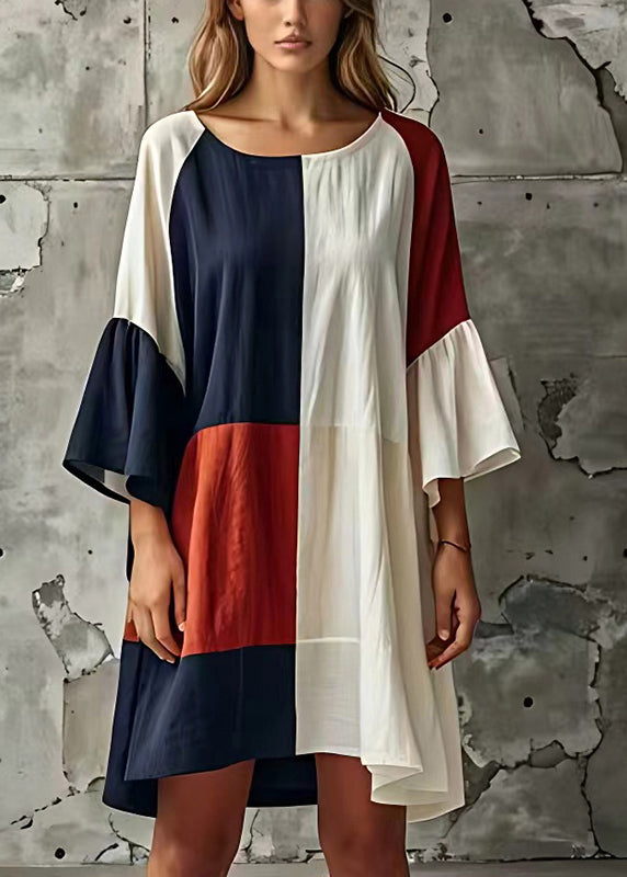 Colorblock Patchwork Cotton Beach Dress Flare Sleeve