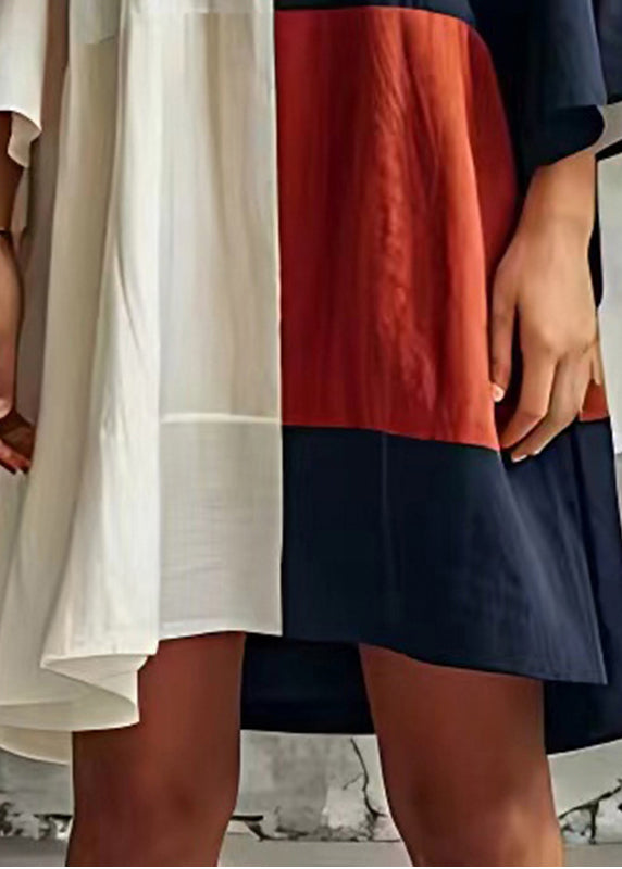 Colorblock Patchwork Cotton Beach Dress Flare Sleeve