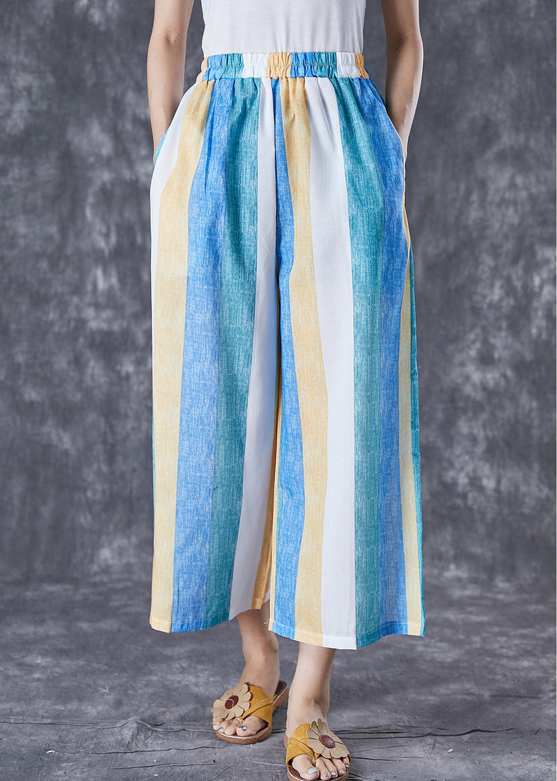 Colorblock Striped Pockets Linen Wide Leg Pants Summer