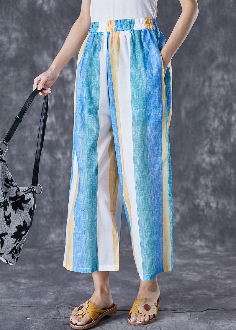 Colorblock Striped Pockets Linen Wide Leg Pants Summer