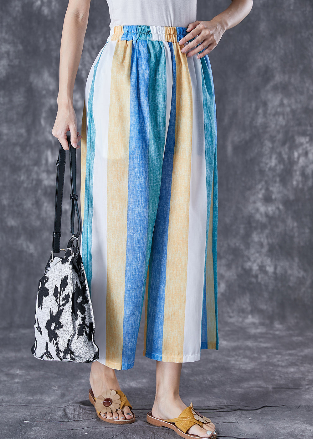 Colorblock Striped Pockets Linen Wide Leg Pants Summer