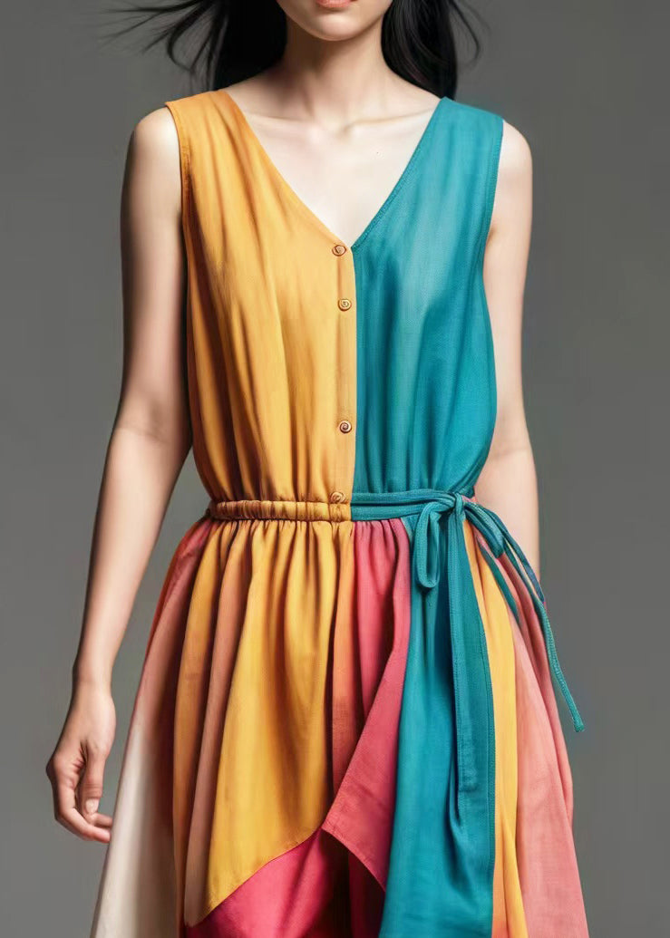 Colorblock V Neck Patchwork Cotton Cinched Dresses Summer
